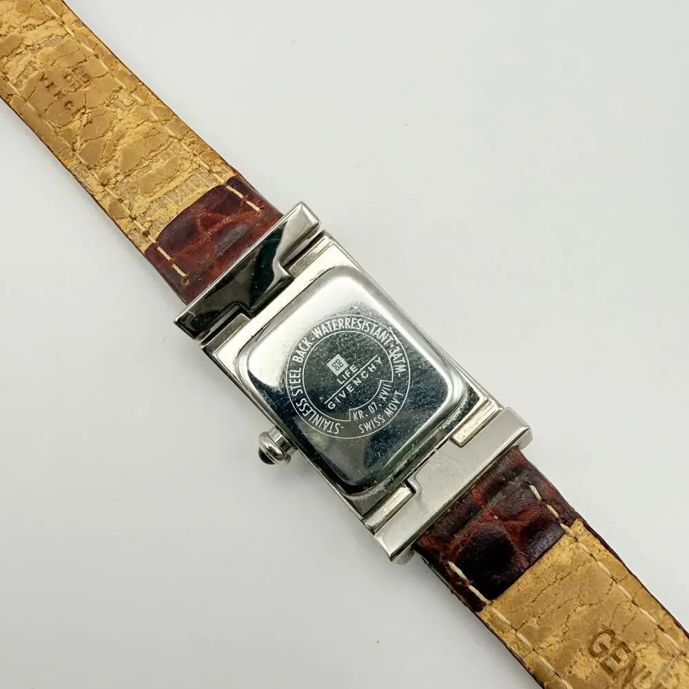 Vtg Givenchy Life Tank Rectangular Watch Stainless Leather Untested Broken Band